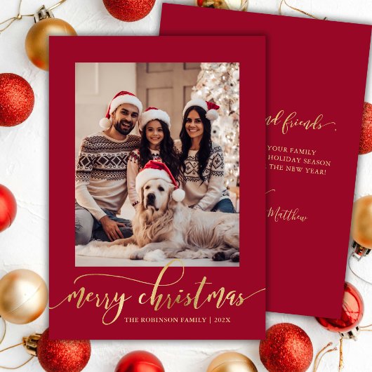 Cartes Pour Fêtes Annuelles Elegant Gold Script One Photo Red Christmas