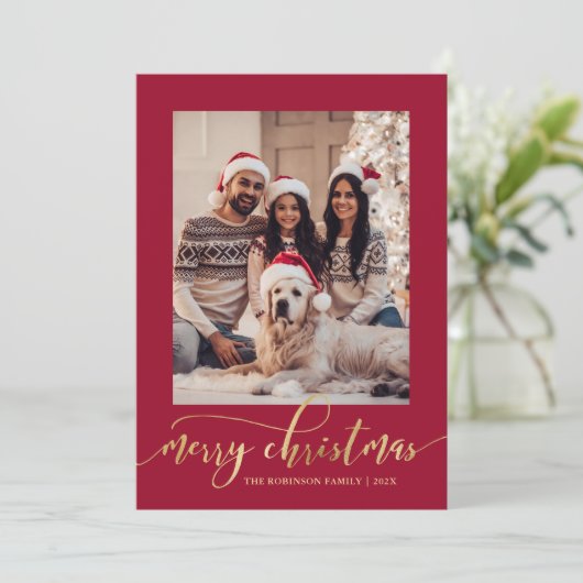 Cartes Pour Fêtes Annuelles Elegant Gold Script One Photo Red Christmas (Debout devant)
