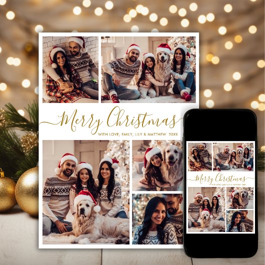 Cartes Pour Fêtes Annuelles Elégant Gold White 5 Photo Collage Noël