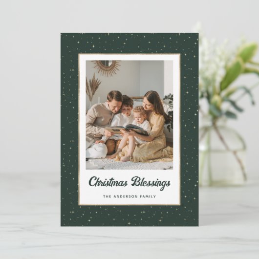 Cartes Pour Fêtes Annuelles Elegant Green Gold Starry Photo (Debout devant)