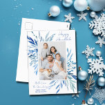 Cartes Pour Fêtes Annuelles Elegant Happy Hanoukka Blue Botanical Photo<br><div class="desc">De beaux feuilles botaniques d'aquarelle bleue ressortent de votre photo de famille juive verticale pour un Hanoukka heureux. Personnalisez cette élégante carte postale photo de Chanukah.</div>