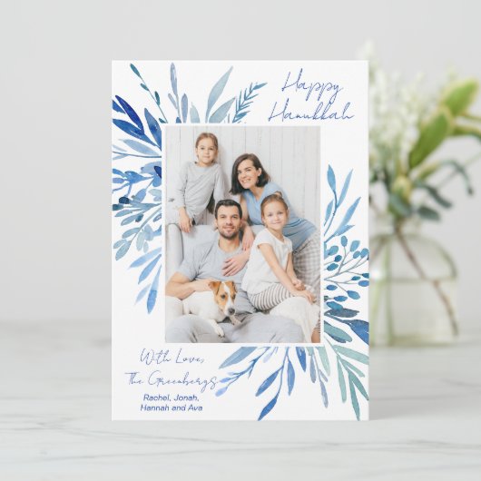 Cartes Pour Fêtes Annuelles Elegant Happy Hanukkah Blue Botanical Family Photo (Debout devant)