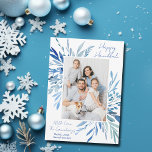 Cartes Pour Fêtes Annuelles Elegant Happy Hanukkah Blue Botanical Family Photo<br><div class="desc">Beautiful blue watercolor botanical leaves spring out of your vertical Jewish family photograph for a Happy Hanukkah. Personalize this elegant Chanukah photo card with a 2nd horizontal picture on the back.</div>