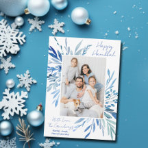 Elegant Happy Hanukkah Blue Botanical Family Photo