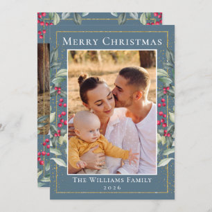 Cartes Pour Fêtes Annuelles Elegant Holly Berries Blue Grey Noël 2 Photo