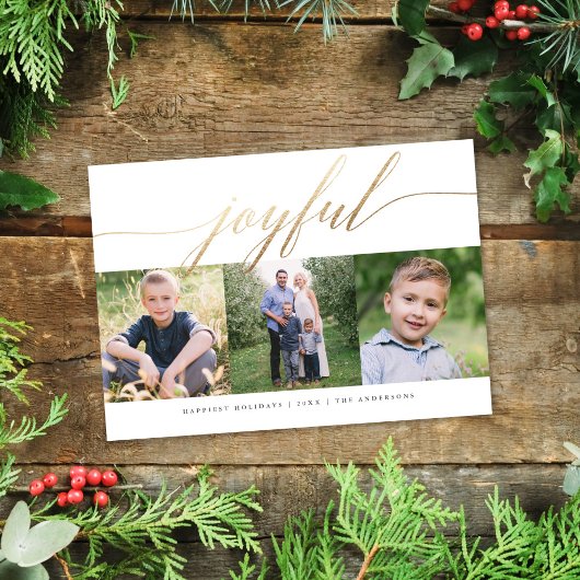 Cartes Pour Fêtes Annuelles Élégant Joyful Gold Script Multi-Photo Holiday