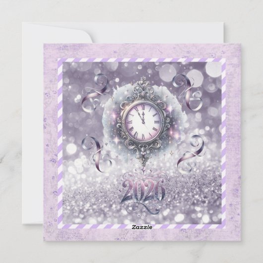 Cartes Pour Fêtes Annuelles Elegant Lavender New Year 2026, Clock, Ribbons (Dos)