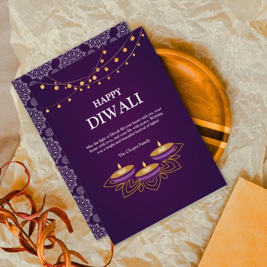 Cartes Pour Fêtes Annuelles Elégant Mandala diyas personnalisé Purple Diwali