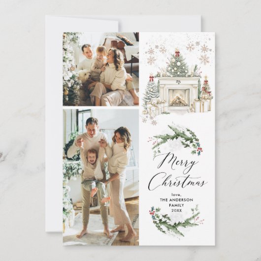 Cartes Pour Fêtes Annuelles Elégant Mantel verdoyant Joyeux Noël 2 Photo (Devant)