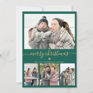 Cartes Pour Fêtes Annuelles Élégant minimaliste Vert Or 4 Photo Noël