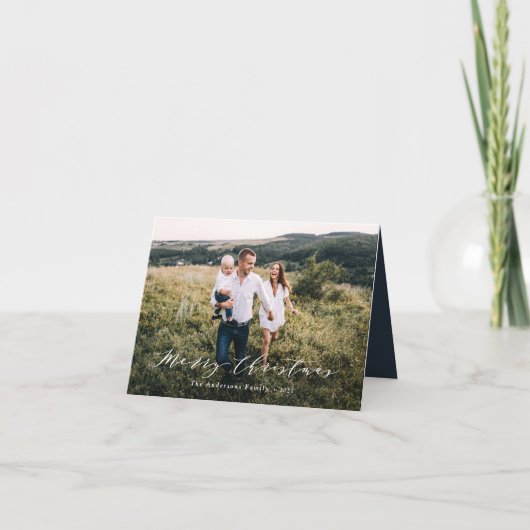 Cartes Pour Fêtes Annuelles Élégant minimum photo Noël script bleu marine (Devant)