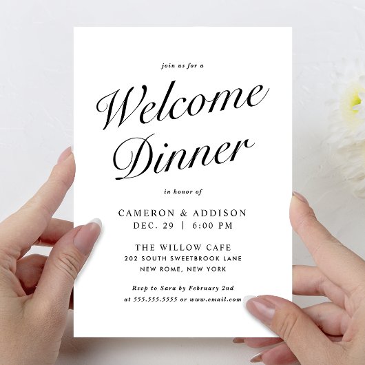 Cartes Pour Fêtes Annuelles Elegant Modern Script Black + White Welcome Dinner