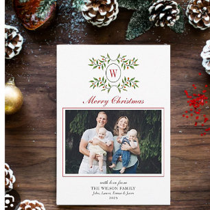 Cartes Pour Fêtes Annuelles Élégant Monogramme avec verdure Photo de famille