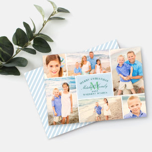 Cartes Pour Fêtes Annuelles Élégant Monogramme de Noël Bleu Photo Collage