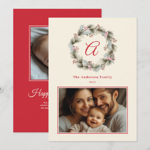 Cartes Pour Fêtes Annuelles Élégant Monogramme Noël Wreath Family Photo