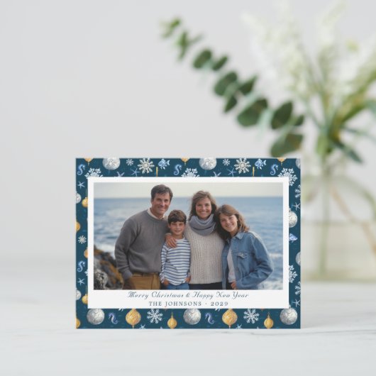 Cartes Pour Fêtes Annuelles Élégant Nautique Snowflakes & Elements Photo (Debout devant)