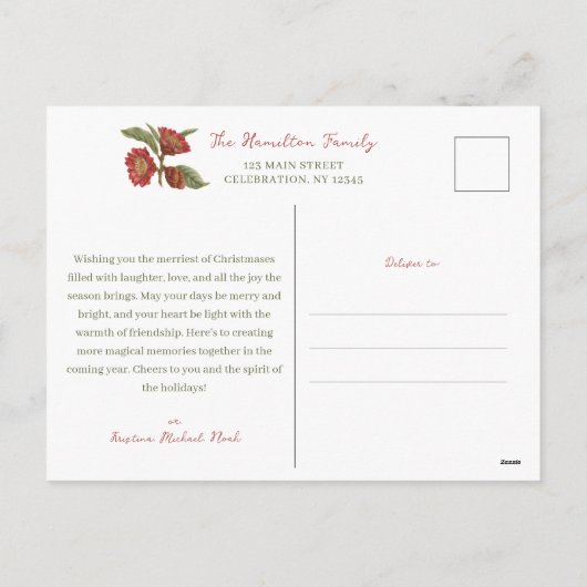 Cartes Pour Fêtes Annuelles Élégant Noël Floral Rouge et Vert (Dos)