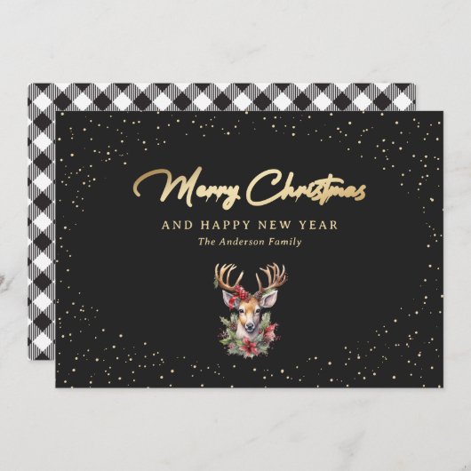 Cartes Pour Fêtes Annuelles Élégant Noir et or Plaid Joyeux Noël (Devant / Derrière)