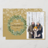 Cartes Pour Fêtes Annuelles Elégant or de Noël photo Verdure Wreath Happy (Devant / Derrière)
