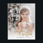 Cartes Pour Fêtes Annuelles Elégant or Joyeux Noël Calligraphie<br><div class="desc">Accueil de vacances simple et élégant avec votre photo avec un filtre blanc opaque,  fausse parties scintillant or personnalisé Joyeux script de calligraphie de Noël et champs de texte modifiables.</div>