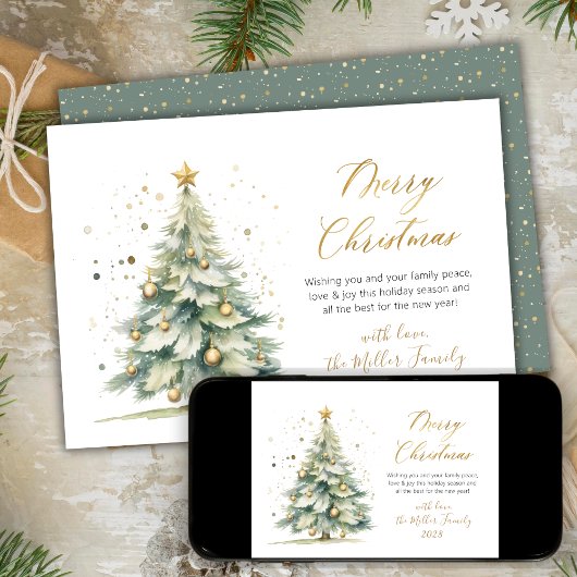 Cartes Pour Fêtes Annuelles Elégant or Script Aquarelle Arbre de Noël