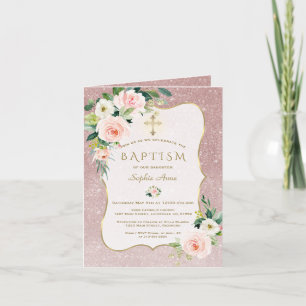 Cartes Pour Fêtes Annuelles Elegant Pink Flowers Rose Gold Glitter Baptism