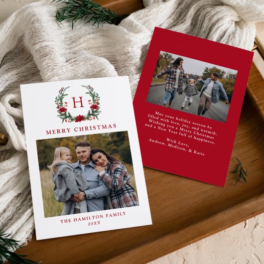 Cartes Pour Fêtes Annuelles Élégant Poinsettia Wreath Monogramme photo