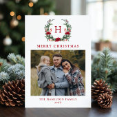 Cartes Pour Fêtes Annuelles Élégant Poinsettia Wreath Monogramme photo