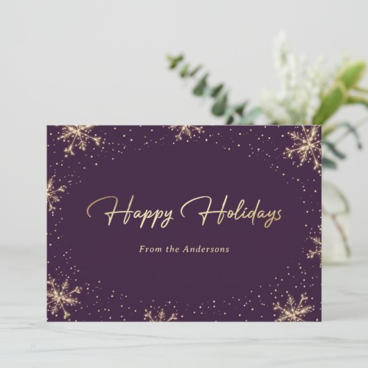 Cartes Pour Fêtes Annuelles Élégant purple Gold Script Snowflake (Debout devant)