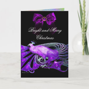 CARTES POUR FÊTES ANNUELLES ÉLÉGANT PURPLE PEACOCK, GEM STONE ET CHRISTMAS BOW
