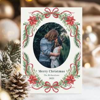 Cartes Pour Fêtes Annuelles Elegant Red Bow Wreath Christmas Photo Card