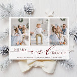 Cartes Pour Fêtes Annuelles Elégant Red Merry et Bright 3 Photo Holiday Card<br><div class="desc">Carte photo de vacances simple et élégant avec un motif blanc sur le dos. Pour une personnalisation plus avancée de cette conception,  veuillez cliquer sur le lien Personnaliser supplémentaire pour changer la police,  la taille,  la couleur,  etc.</div>