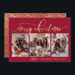 Cartes Pour Fêtes Annuelles Élégant Rouge et Gold Script 3 photo Noël<br><div class="desc">Script élégant moderne Red and Gold 3 Photo Collage Joyeux Noël Carte de vacances.Cette carte de vacances festive présente un élégant collage en trois photos avec un accueil fantaisiste ‘Joyeux Noël’ en calligraphie élégante et lettrée. Le texte est affiché dans un faux script de brosse d'or avec des swashes, magnifiquement...</div>