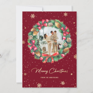 Cartes Pour Fêtes Annuelles Élégant Rouge Gold Snowflakes Wreath Photo