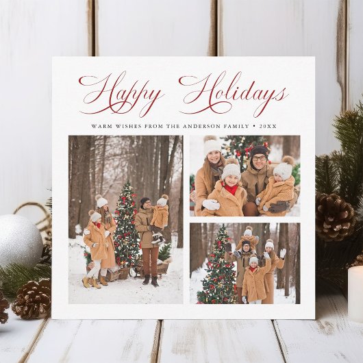 Cartes Pour Fêtes Annuelles Élégant Rouge moderne Script Joyeux Vacances 3 Pho