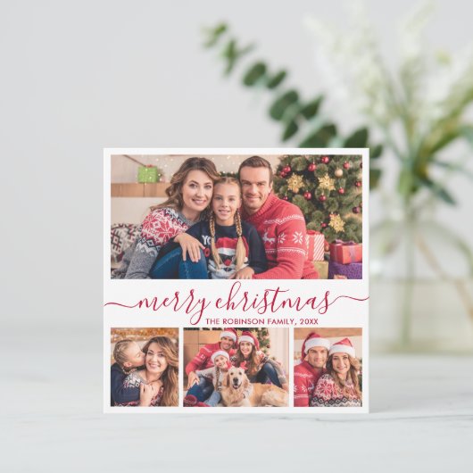 Cartes Pour Fêtes Annuelles Élégant Rouge Script 4 Photo Collage Noël (Debout devant)