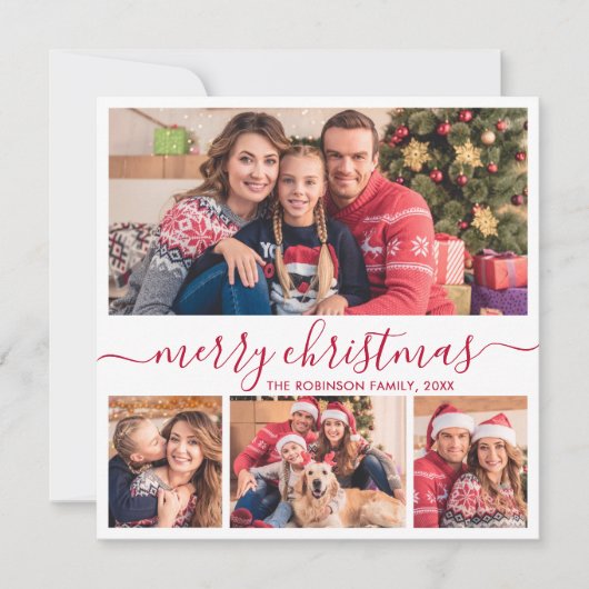 Cartes Pour Fêtes Annuelles Élégant Rouge Script 4 Photo Collage Noël (Devant)