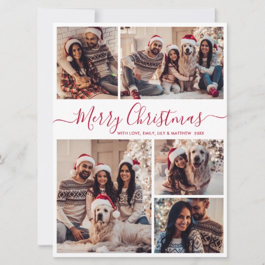 Cartes Pour Fêtes Annuelles Élégant Rouge Script 5 Photo Collage Noël (Devant)