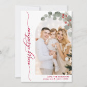 Cartes Pour Fêtes Annuelles Élégant Rouge Script Foliage Photo Arch Noël (Devant)