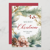 Cartes Pour Fêtes Annuelles Élégant Rouge Script vert Wreath Noël (Devant / Derrière)