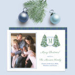 Cartes Pour Fêtes Annuelles Élégant sapin Bleu Blanc Baubles Photo de famille<br><div class="desc">* Crédit photo : Photographie © Storytree Studios, Stanford, CA ** / Chinoiserie Chic Happy Holidays photocard avec espace pour un monogramme à une seule lettre et une photo de famille. Les éléments d'aquarelle (arbre de Noël, planteur et billes) ont été à l'origine peints à la main par moi en...</div>
