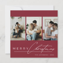 Elegant Script 3 Photo Collage Red Merry Christmas