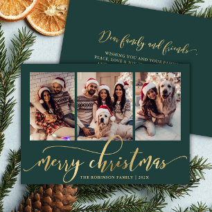 Cartes Pour Fêtes Annuelles Élégant Script 3 Photo Collage Vert Noël