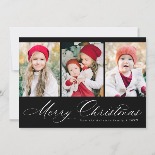 Cartes Pour Fêtes Annuelles Élégant Script Black Joyeux Noël 3 Photo (Devant)