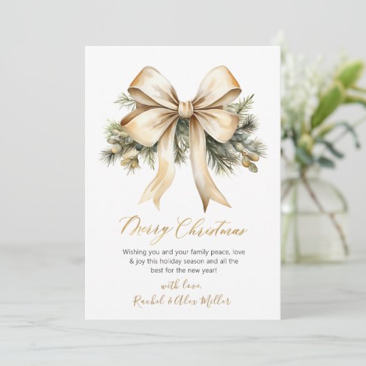 Cartes Pour Fêtes Annuelles Élégant Script Bow Botanique Non Photo Noël (Debout devant)
