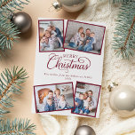 Cartes Pour Fêtes Annuelles Élégant script de Noël minimal 4 photo Bourgogne<br><div class="desc">Cette carte de Noël minimaliste unique comprend 4 calligraphies de script classique modèle photo et élégantes,  avec un jeu de couleurs populaire bordeaux et blanc.</div>