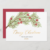 Cartes Pour Fêtes Annuelles Élégant Script de verdure Berries rouges Noël (Devant / Derrière)