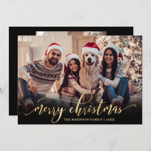 Cartes Pour Fêtes Annuelles Élégant Script Gold Script Black 2 Photo Noël (Devant / Derrière)
