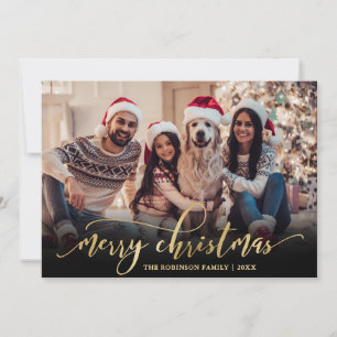 Cartes Pour Fêtes Annuelles Élégant Script Gold Script Black 2 Photo Noël