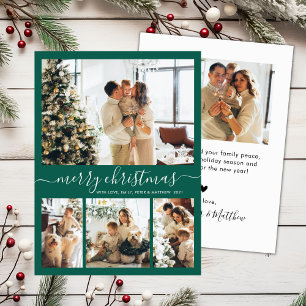 Cartes Pour Fêtes Annuelles Élégant Script Green 4 Photo Collage Noël
